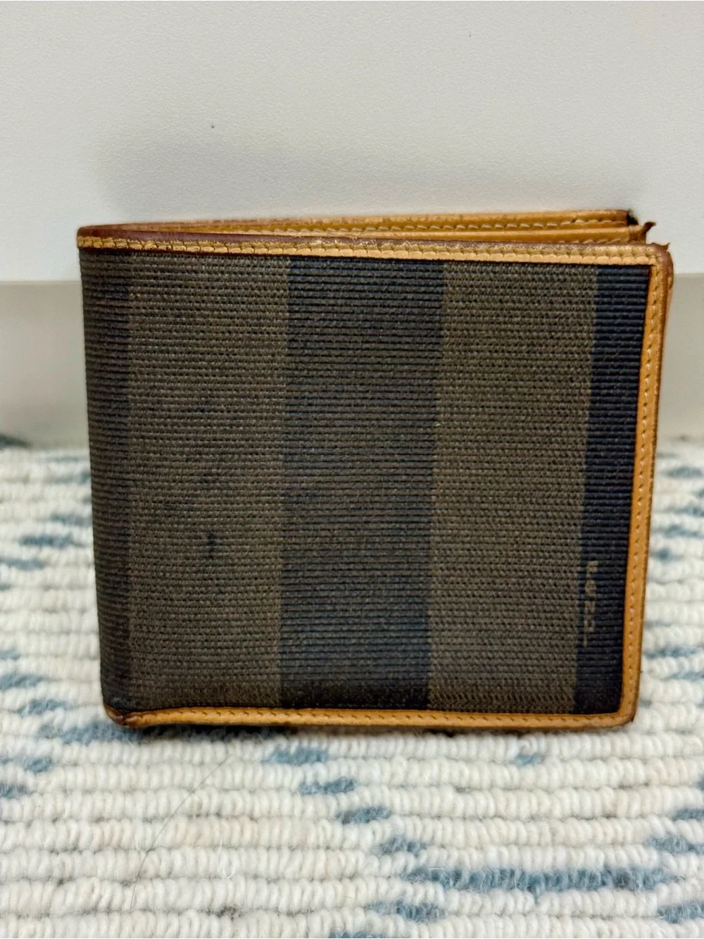 FENDI Vintage 80’s Unisex Classic Pequin Striped Canvas Brown Leather Bi Wallet - Picture 1 of 16